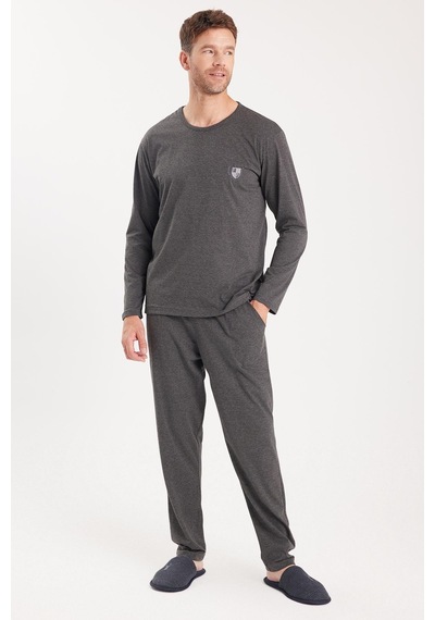 Tudors Erkek Standart Fit %100 Pamuk Bisiklet Yaka Beli Lastikli Antrasit Pijama Takımı-37937 Antrasit