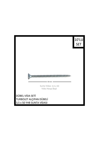 Dübel-vida Seti, Turbolet Alçıpan Dübeli, 3,5x50 Yhb Sunta Vidası, 10 Adet