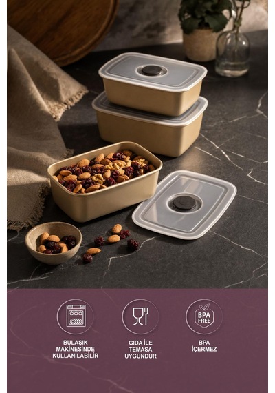 Selka Home 3'lü Vakum Kapaklı Saklama Kabı Ekru