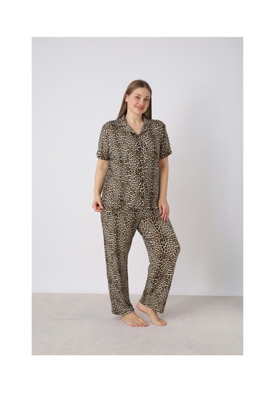Estiva Kadın Kaplan Desenli Kahverengi Kısa Kollu Önden Düğmeli Soft Battal Pijama Takımı Çok renkli