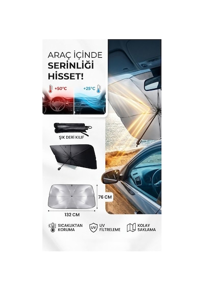 Universal Araç Ön Cam Güneşliği Şemsiye Tipi Katlanabilir Güneş Koruyucu Isı Azaltıcı, Uv Korumalı, Kolay Kurulumlu Oto Güneşlik 132x76 Cm