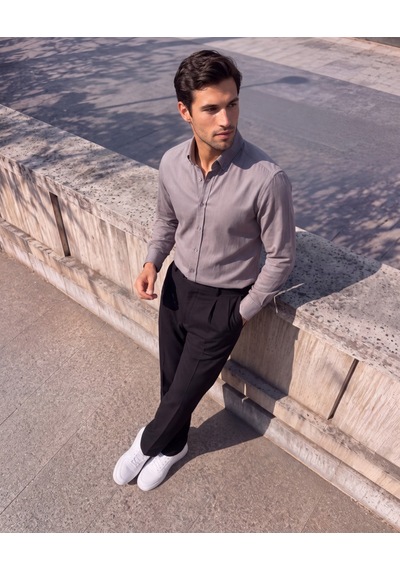 Butik İstanbul Erkek Standart Kesim Gabardin Kumaş Uzun Kollu Gömlek Krem