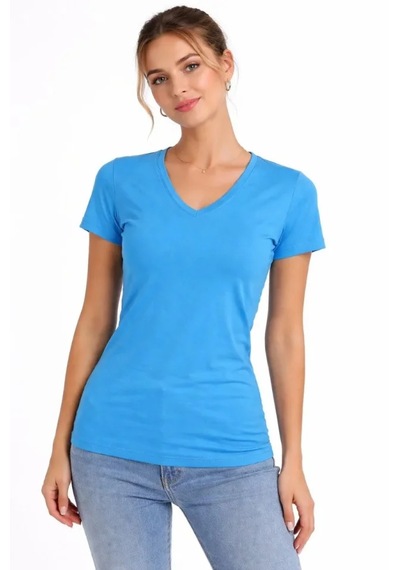 Suma T-shirt V Yaka Slim Fit Likralı Tişört Günlük Basic Body - Açık Mavi