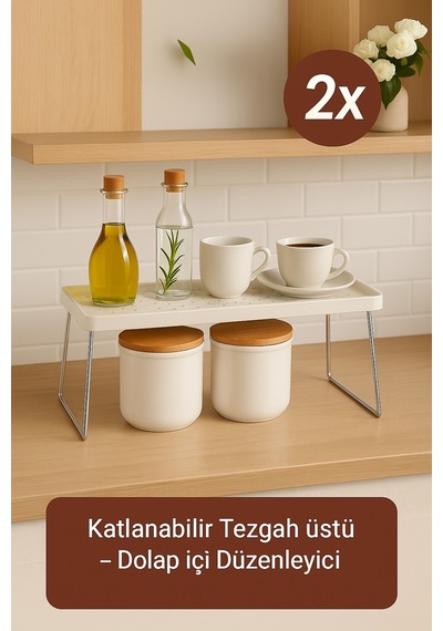 2'li Set Katlanabilir Tezgah Üstü Ve Dolap İçi Raf Düzenleyici Organizer Plastik Beyaz Tr Diğer