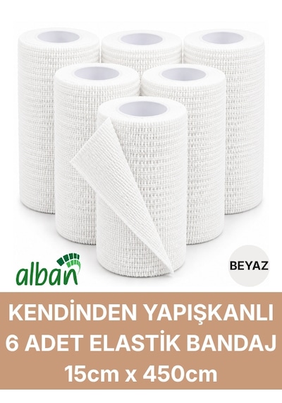 15cm 6'lı Set Kendinden Yapışkanlı Elastik Bandaj, Kohesiv Bandaj 15cm X 4.5m Spor, Bilek, Ayak Bileği, Veteriner Bandajı Beyaz