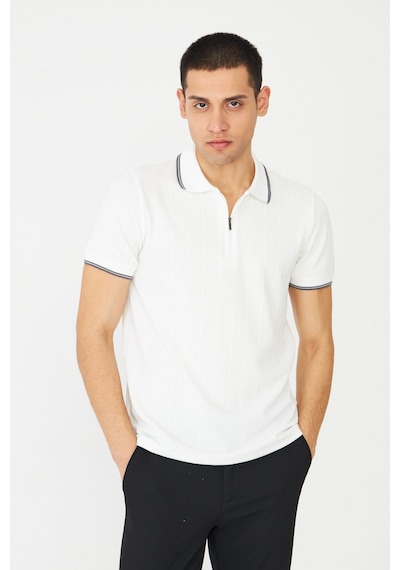 Beyaz Fermuarlı Polo Yaka Erkek T-shirt Beyaz