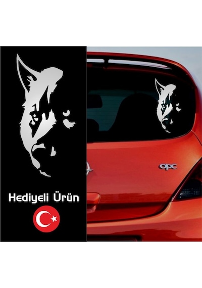 Türk - Kurt Silüeti Sticker Metalik Gümüş Gri