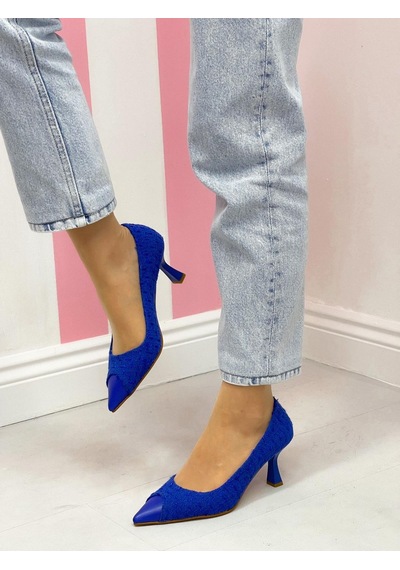 Ervanın Butiği Saks Mavi Tüvit Tress Maskelet Detay Kadın Stiletto-4097