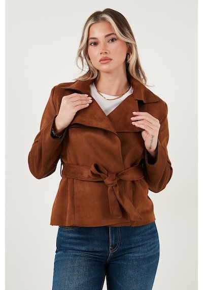 Lela Regular Fit Kruvaze Yaka Kuşaklı Süet Dokulu Bayan Ceket 6839640 Taba
