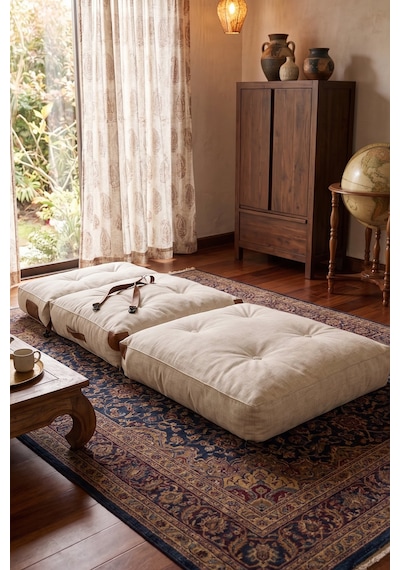 Reyo Pufymax Comfy Bohem Koltuk Yatak Olabilen Katlanır Berjer & Modüler Yer Yatağı 75x75x 85 Cm Keten Krem