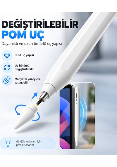Samsung Galaxy A11 Plus X230 Uyumlu Type-c Şarjlı Aktif Stylus Dokunmatik Ekran Kalemi Not & Çizim Beyaz