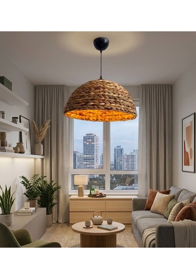 İma Organik El Örmesi Avize - Muz Ağacı Lifli Modern Sarkıt 40 Cm E27 Duy Ahşap