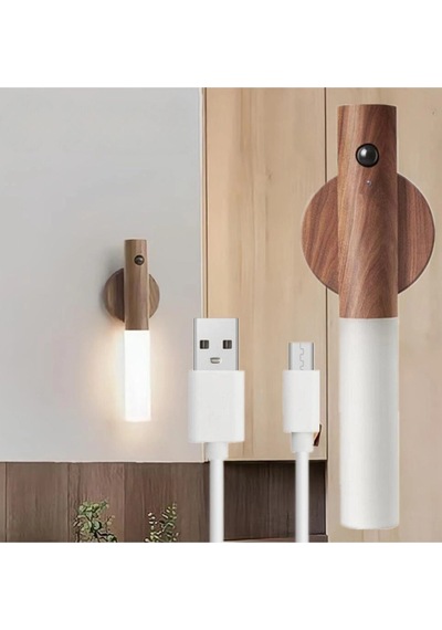 Usb Şarjlı Sensörlü Mıknatıslı Ahşap Görünümlü Taşınabilir Duvar Aplik Sarı