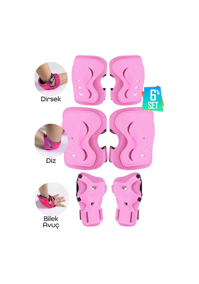 6'lı Yüksek Koruma 3-12 Yaş Paten Scooter Bisiklet Kaykay Diz Dirsek El Koruma Koruyucu Seti Pembe Pembe