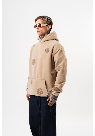 Respire Erkek Süzene Nakış Detaylı Kapüşonlu Oversize Polar Hoodie Bej