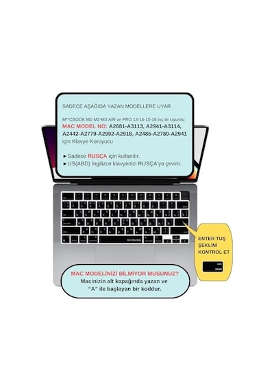 Macbook Rusça Klavye Koruyucu Us Amerikan Enter M1-m5 A2681 A3113 A3240 A3449 A2941 A3241 A2442 A2779 A2992 A2485 A2991 Russian Keyboard Cover Touch Id Siyah
