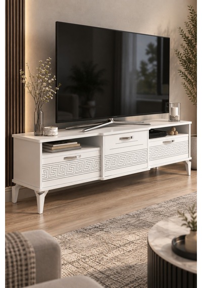 Sulorahome Gümüş Detaylı Beyaz Tv Sehpası 160 Cm Beyaz - Gümüş