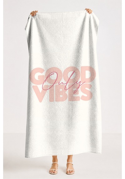 Good Vibes Yazı Temalı Plaj Havlusu - Minimalist Modern Pudra Hızlı Kuruyan Mikrofiber Havlu Köpük Çiçeği