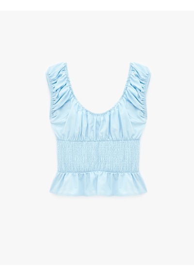 Koton Pamuklu Slim Fit Kısa Balon Kol Bağlamalı Crop Bluz Mavi 6sal60182ıw