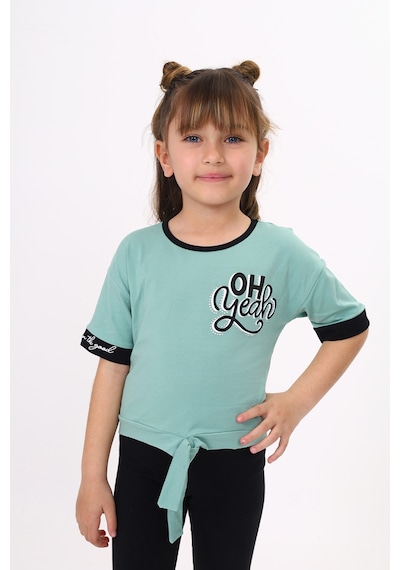 Toontoy Kids Toontoy Kız Çocuk Önü Bağlama Detaylı Baskılı Tişört Yeşil