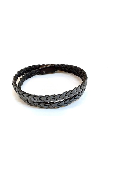 Graphite Double Braid Çift Sıra Örgü Gri Hakiki Deri Erkek Bileklik-1428 Antrasit