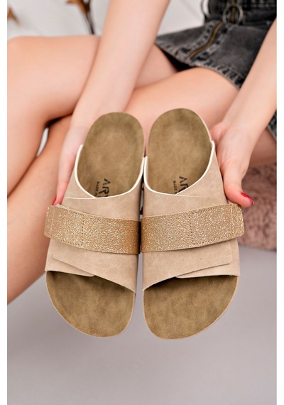 Polomia Comfort Olivia Esnek Ayarlanabilir Tek Cırtlı Anatomik Poli Comfort Cool Rahat Kadın Günlük Sandalet Terlik Bej