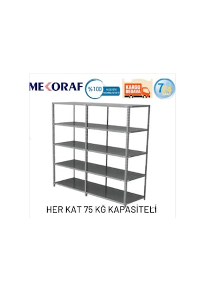 Mekoraf Çelik Raf Sistemi 59X93 2.5 Metre 5 Raflı 2 Ünite Gri