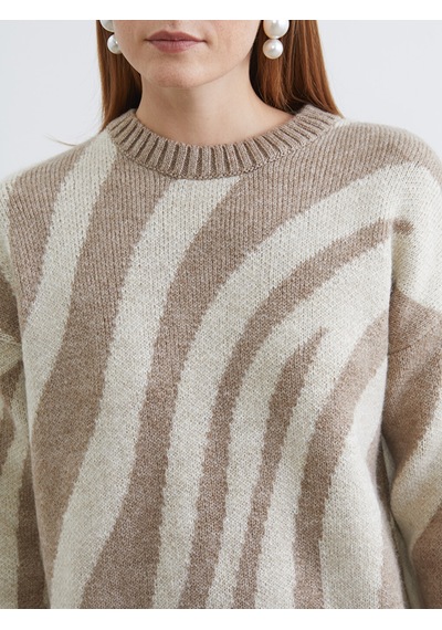 Lcw Modest Kahverengi Bisiklet Yaka Zebra Desenli Kadın Triko Tunik