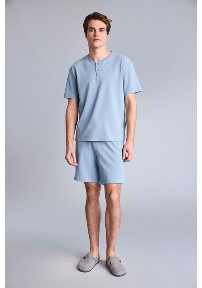 Defacto New Regular Fıt Kısa Kollu 2li Şort Tişört Pike Pijama Takım H5199ax26spbe299 Mavi-be299