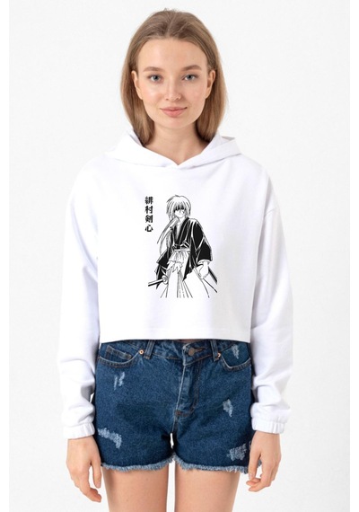 Rurouni Kenshin Poster Japan Beyaz Optik Kadın Crop Kapşonlu 001