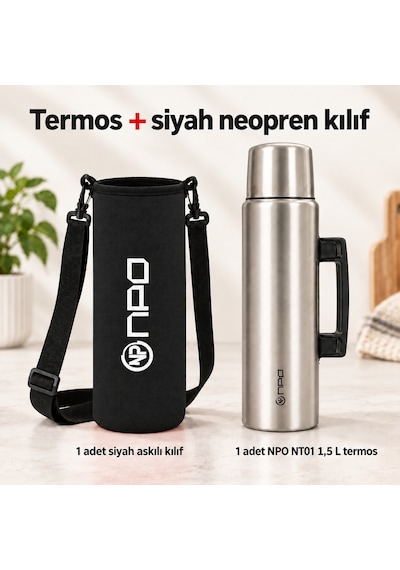 Npo Nt01 2 Katman Vakum Teknolojili 24h Sıcak 48h Soğuk 72h Buzlu Koruma Çelik Termos Siyah Kılıflı
