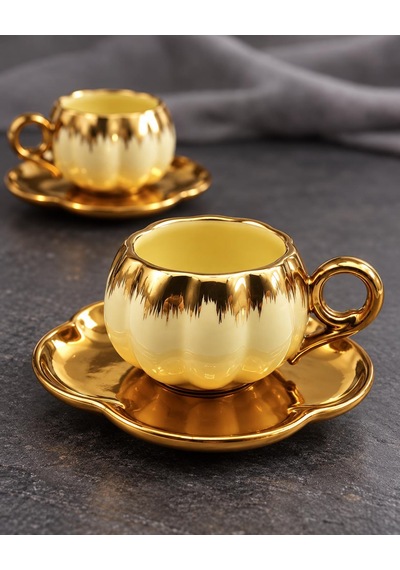 Valkyrie 6 Kişilik Krem Gold Balkabağı Model Türk Kahvesi Fincan Takımı 12 Parça 80 Ml Çeyizlik Krem