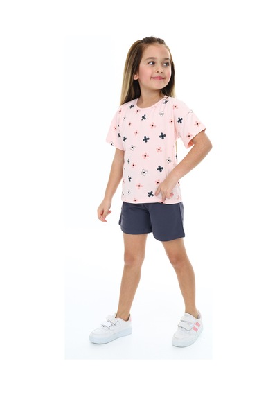 Toontoy Kids Toontoy Kız Çocuk Garni Komple Çiçek Baskılı Şortlu Takım Pudra
