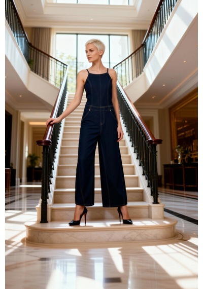 Benerly Kadın Kare Yaka İnce Askılı Kolsuz Denim Kumaş Rahat Baggy Fit Ka Koyu Mavi