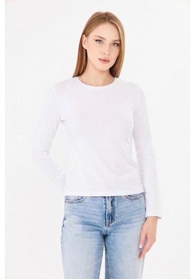 Sortie Collection Bisiklet Yaka Pamuklu Uzun Kollu Basic Penye Tişört Bluz Ekru