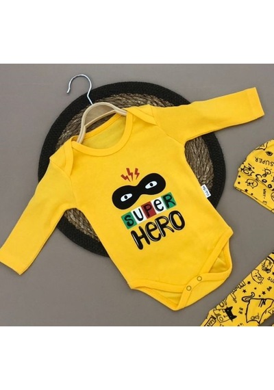 Mnk Baby & Kids Super Hero Kukuleta Şapkalı Badili 3lü Bebek Takımı Sari
