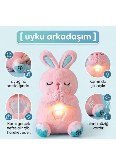 Nefes Alan Işıklı Müzikli Uyku Arkadaşı Tavşan 30 Cm Ninni Söyleyen Göğsü Hareketli Uyku Oyuncağı Pembe