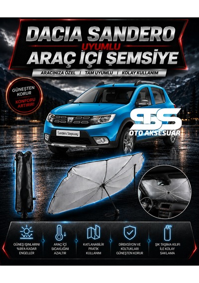 Dacia Sandero Araç Ön Cam Güneşliği Katlanabilir Şemsiye Oto Güneşlik Uv Korumalı Gölgelik Araba Oto Şemsiyesi