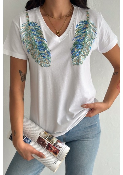 Femelle Kadın Beyaz V Yaka Omzu Yaprak Pul Payet İşlemeli %100 Pamuk T-shirt - Fem8
