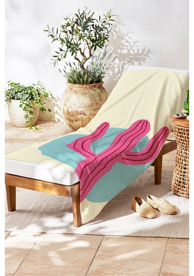 Kaktüs Temalı Modern Plaj Havlusu-bohem Pastel Sarı Pembe Havuz Deniz Hızlı Kuruyan Mikrofiber Havlu Keten Şafak