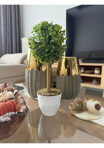 Yapay Ağaç Şimşir Top Tek Toplu 12x31cm Beyaz Saksıda