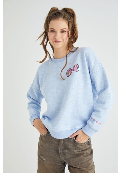 Lisanslı Baskılı Kalın Mavi Sweatshirt