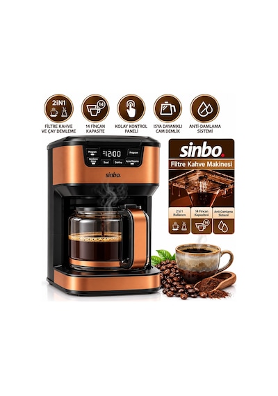Sinbo Scm-9042 2in1 Filtre Kahve Makinesi 14 Fincan 1.8 Lt Dijital Ekran Bronz