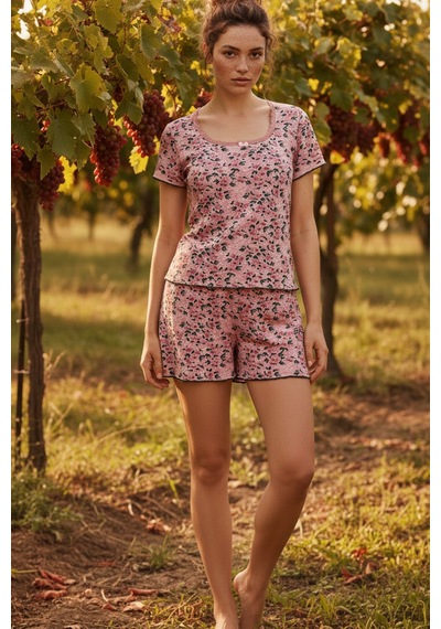 Siyah İnci Dantelli Fitilli Kaşkorse Örme Şortlu Pijama Takım 26120052 Pudra Pembe Çiçek