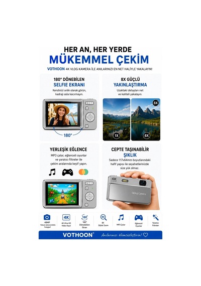 Dijital Kamera 4k Hd 48mp 8x Zoom Flaşlı Kayar Retro Video Kamera 2.4 Ekran 64gb Sd KartGümüş Najmaddin