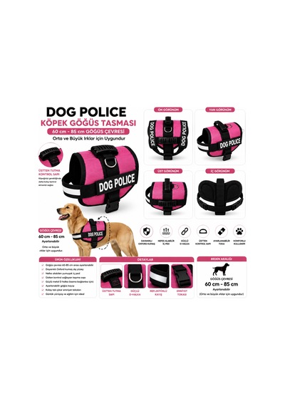 Dog Police Ayarlanabilir Köpek Göğüs Tasması Pembe - Siyah 60-85 Cm Çok Renkli