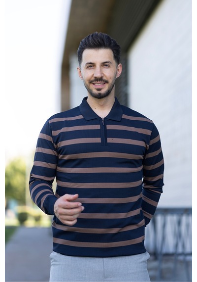 Hk Premium Kazak Fermuarlı Polo Yaka Çizgili Triko Sweatshirt Lacivert