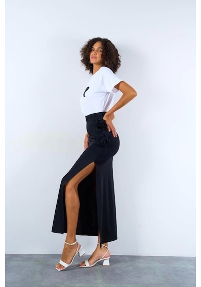 Defymoda Yandan Büzgülü Güllü Etek - Siyah Siyah