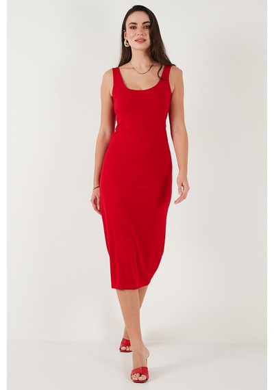 Lela Slim Fit Kalın Askılı Midi Bayan Elbise 5866154 Kırmızı