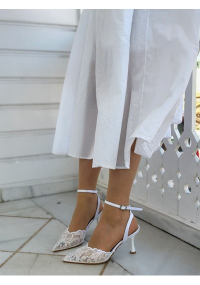 Ervanın Butiği Beyaz Dantel Vusuel Nakışlı Arka Bant Detaylı Kadın Stiletto-6142